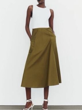 Zara | Olive Cotton A-Line Midi Skirt | Size L